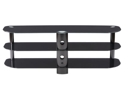 Black glass TV stand with sleek chrome legs, three tempered glass shelves, and cable management system, suitable for TVs up to 65 inches. Modern design with ample storage space for electronics and accessories.