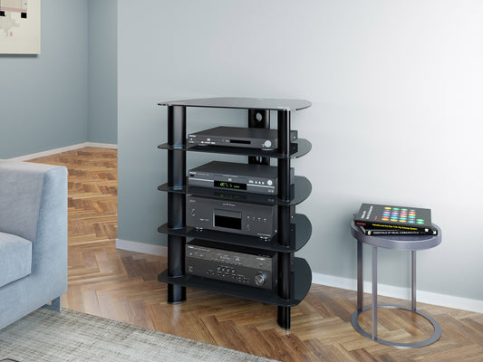 Tall media storage tower with dark wood finish, multiple shelves, and sleek modern design, perfect for organizing DVDs, books, and electronics in living rooms or home offices.