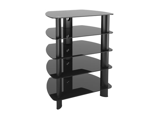 Tall wooden media storage tower in rich cherry finish with multiple adjustable shelves, sleek black trim, and a sturdy base, ideal for organizing DVDs, books, and collectibles in a modern living room.