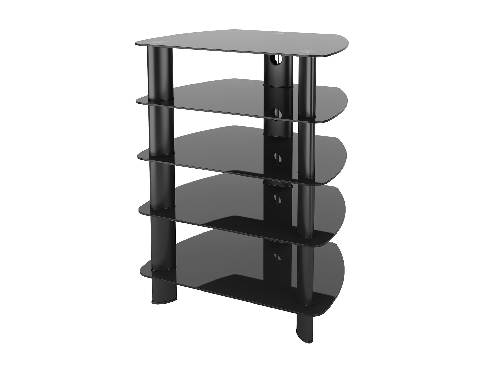 Modern media storage tower with a sleek black finish, featuring multiple adjustable shelves and a sturdy wooden frame, ideal for organizing DVDs, Blu-rays, and video games in a compact, stylish design.