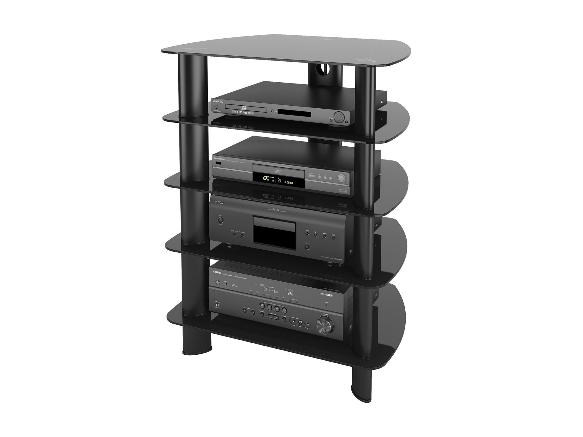 Modern media storage tower with sleek black finish, multiple adjustable shelves, and sturdy metal frame. Ideal for organizing DVDs, books, and electronics in a contemporary home or office setting.