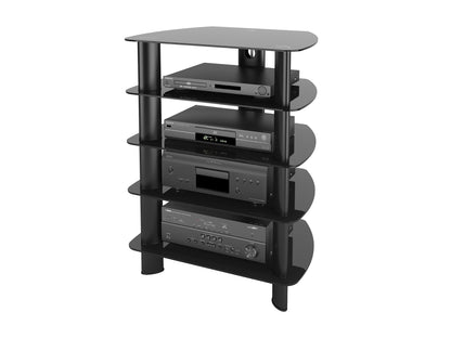 Modern media storage tower with sleek black finish, multiple adjustable shelves, and sturdy metal frame. Ideal for organizing DVDs, books, and electronics in a contemporary home or office setting.