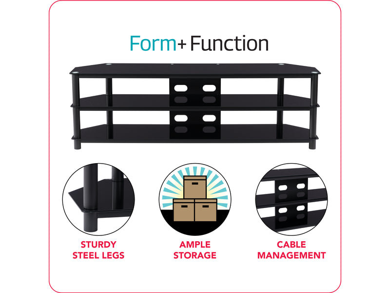 Black TV Bench for TVs up to 85" Travers Collection infographic by CorLiving