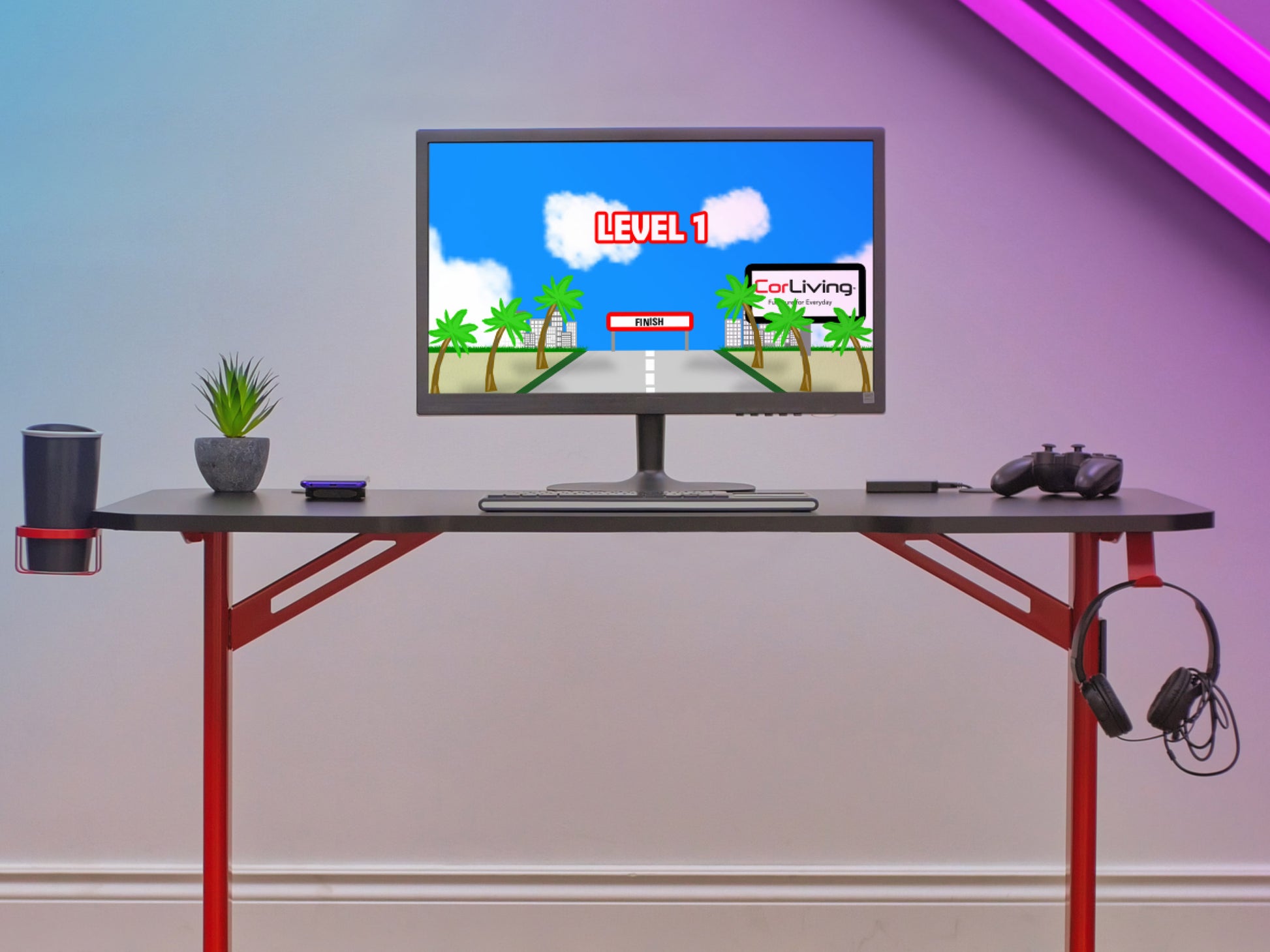 Red and black gaming desk with sleek, modern design, featuring a carbon fiber texture, sturdy metal frame, cable management grommets, and a spacious surface for monitors, keyboards, and gaming accessories.
