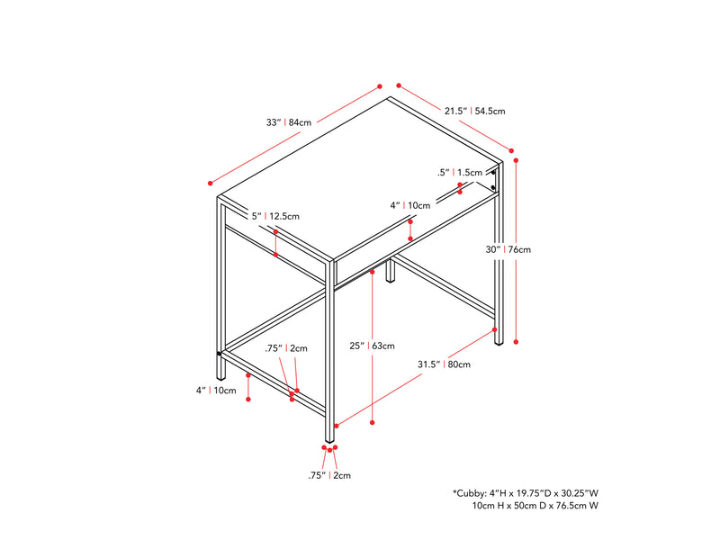 dark grey and black Desk with Storage Rayne Collection measurements diagram by CorLiving