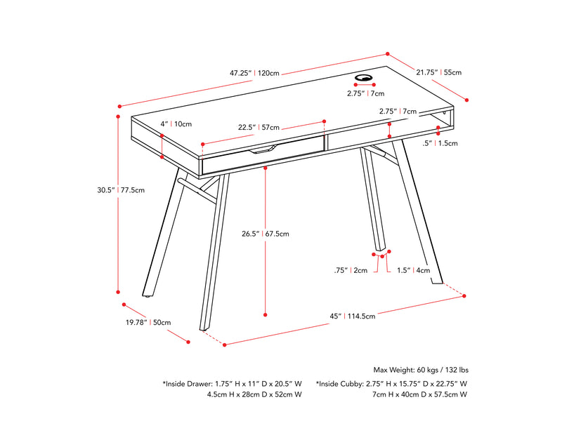 grey Natural Wood Desk Auston Collection measurements diagram by CorLiving