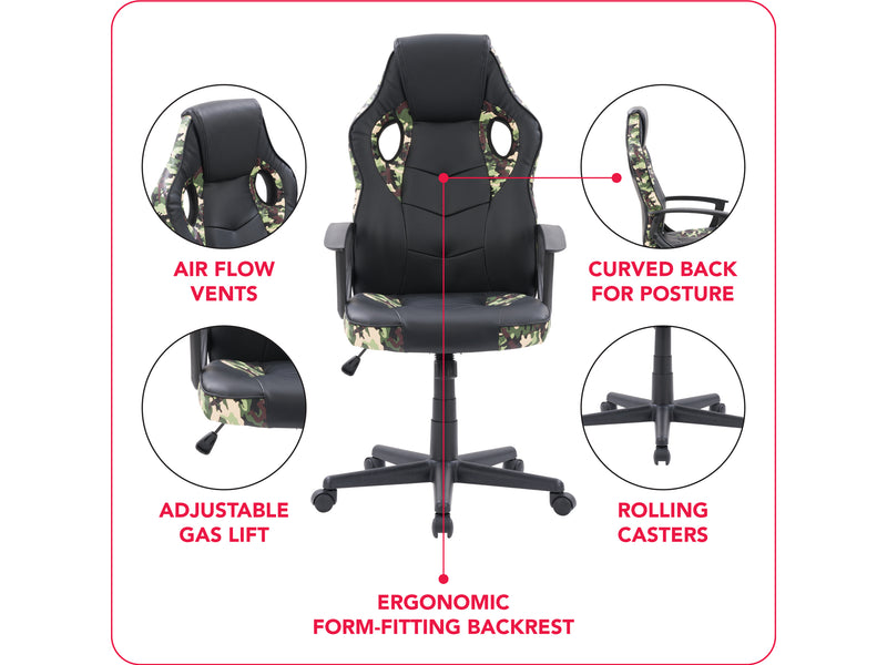 black and camo Gaming Chair with Wheels Mad Dog Collection infographic by CorLiving