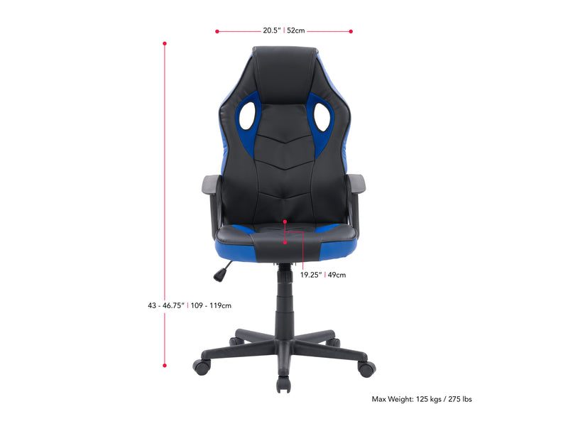 black and blue Gaming Chair with Wheels Mad Dog Collection measurements diagram by CorLiving