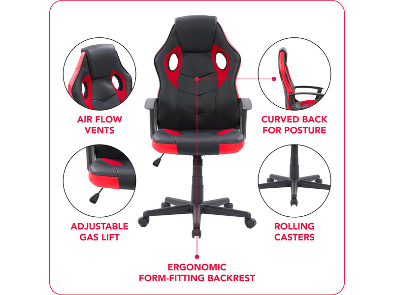 black and red Gaming Chair with Wheels Mad Dog Collection infographic by CorLiving