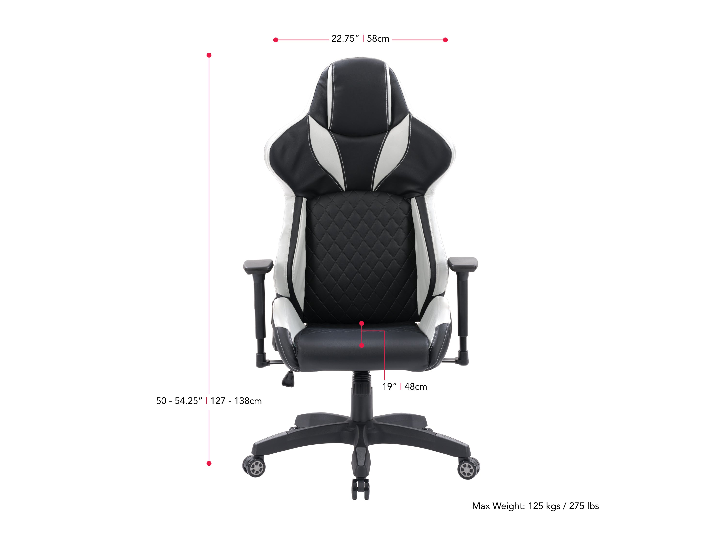 black and white Gaming Reclining Chair Nightshade Collection measurements diagram by CorLiving#color_black-and-white