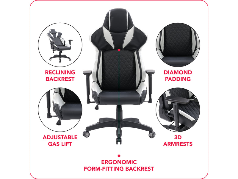 black and white Gaming Reclining Chair Nightshade Collection infographic by CorLiving