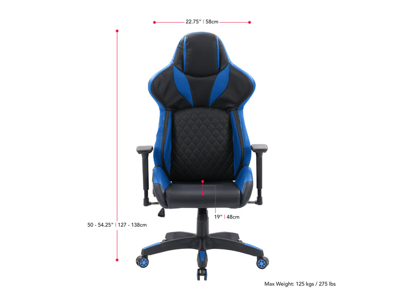 black and blue Gaming Reclining Chair Nightshade Collection measurements diagram by CorLiving