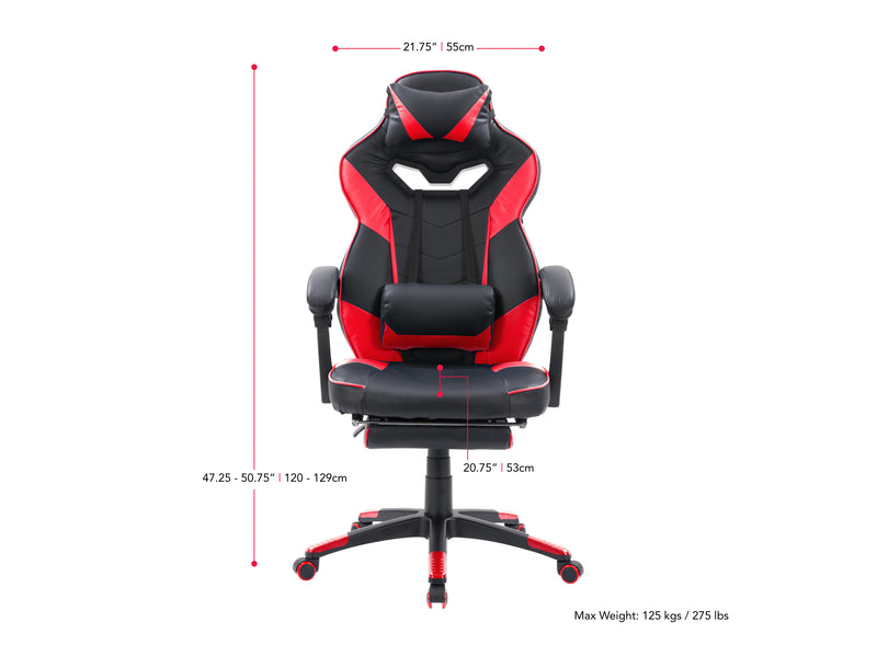 black and red Gaming Chair with Footrest Doom Collection measurements diagram by CorLiving