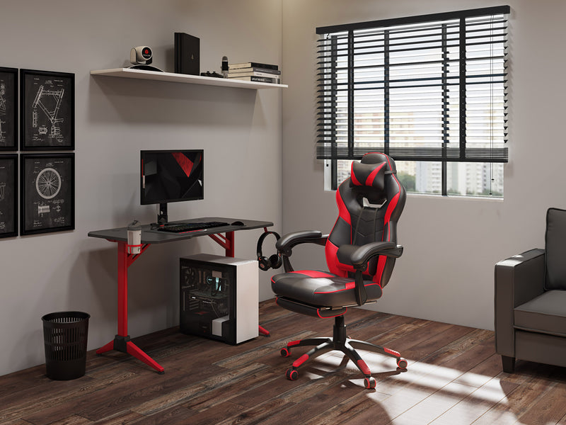 black and red Gaming Chair with Footrest Doom Collection lifestyle scene by CorLiving