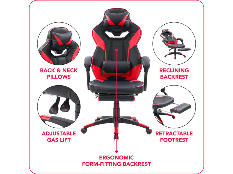 black and red Gaming Chair with Footrest Doom Collection infographic by CorLiving