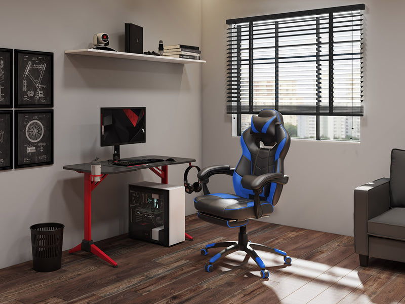 black and blue Gaming Chair with Footrest Doom Collection lifestyle scene by CorLiving