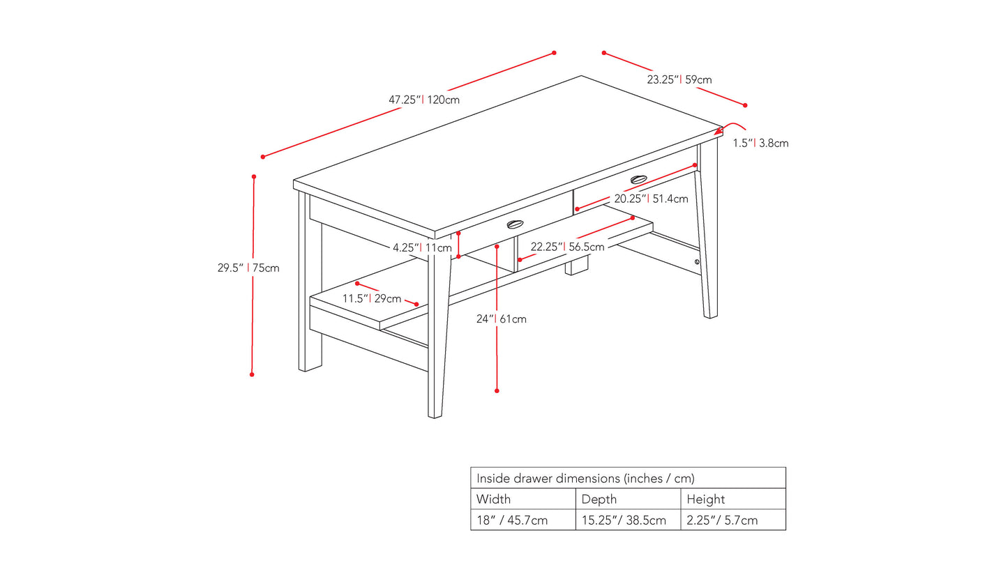 Dark wood desk with sleek design, featuring a spacious rectangular tabletop, sturdy metal legs, and a smooth finish, perfect for home office or study.