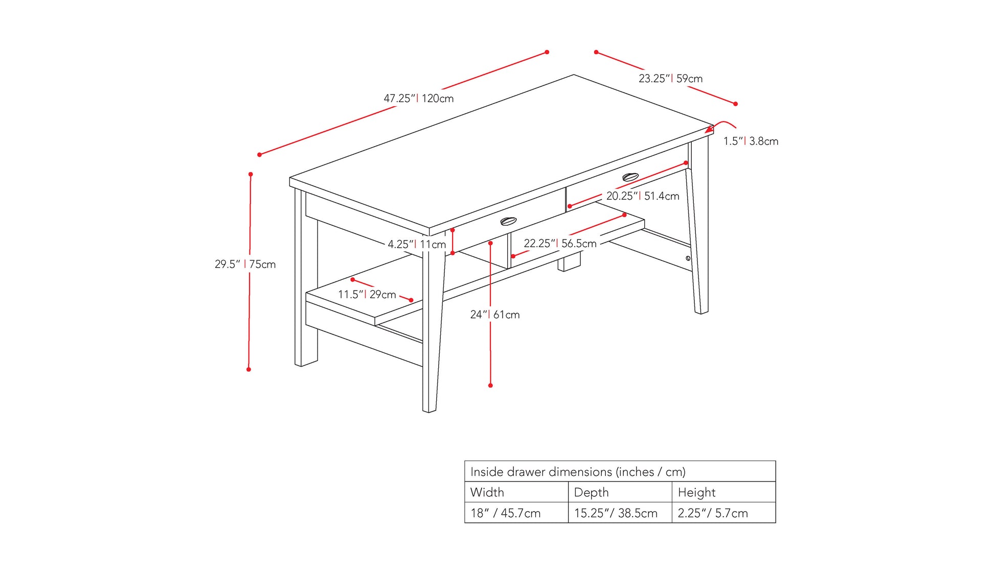 Dark wood desk with sleek design, featuring a spacious rectangular tabletop, sturdy metal legs, and a smooth finish, perfect for home office or study.