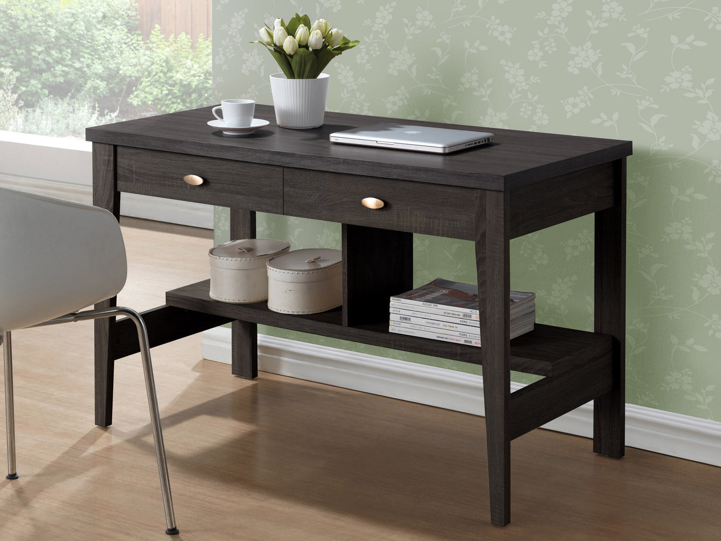 Dark wood desk with sleek metal legs, spacious rectangular tabletop, and minimalist design, perfect for home office or study.