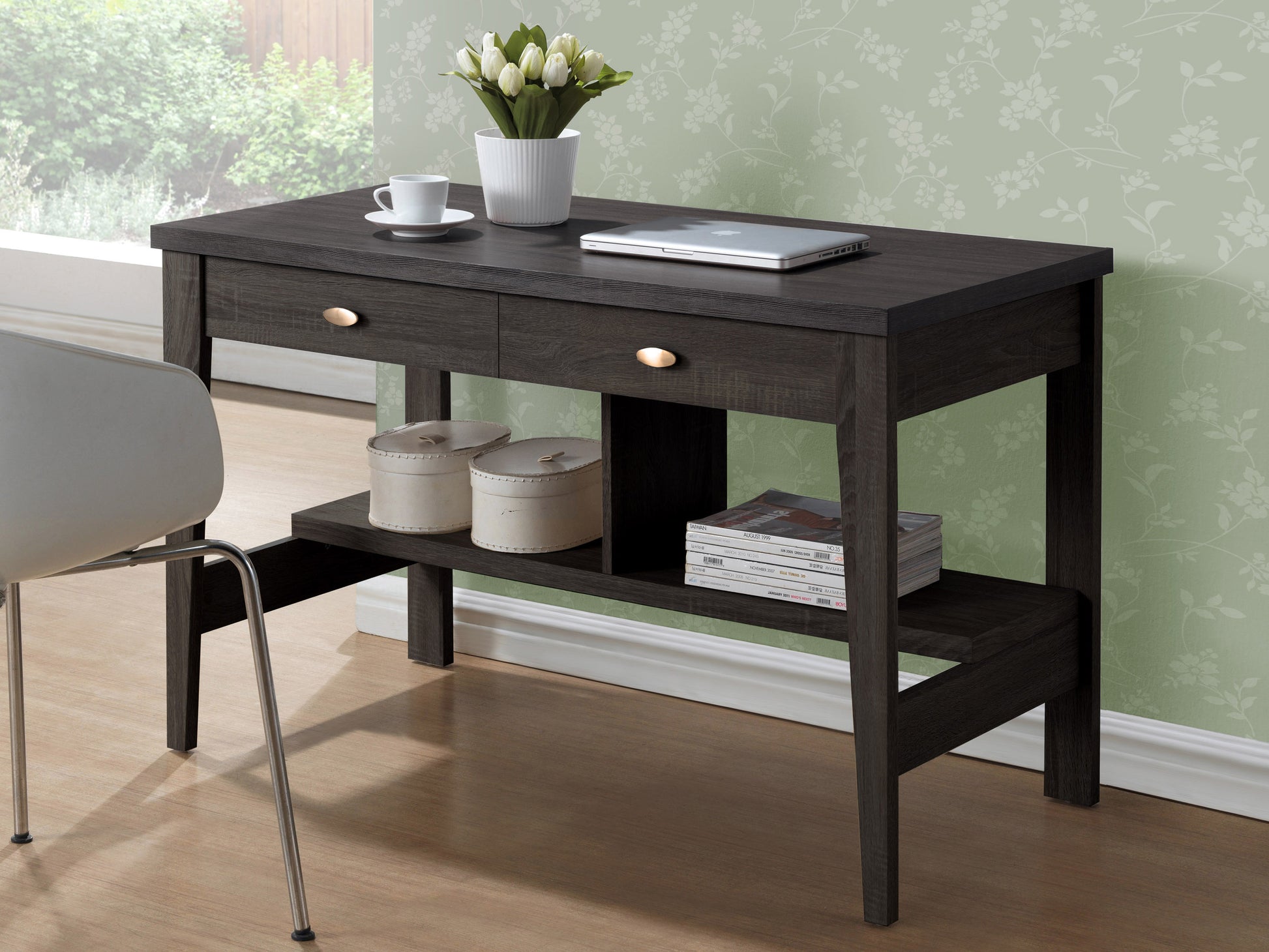 Dark wood desk with sleek metal legs, spacious rectangular tabletop, and minimalist design, perfect for home office or study.