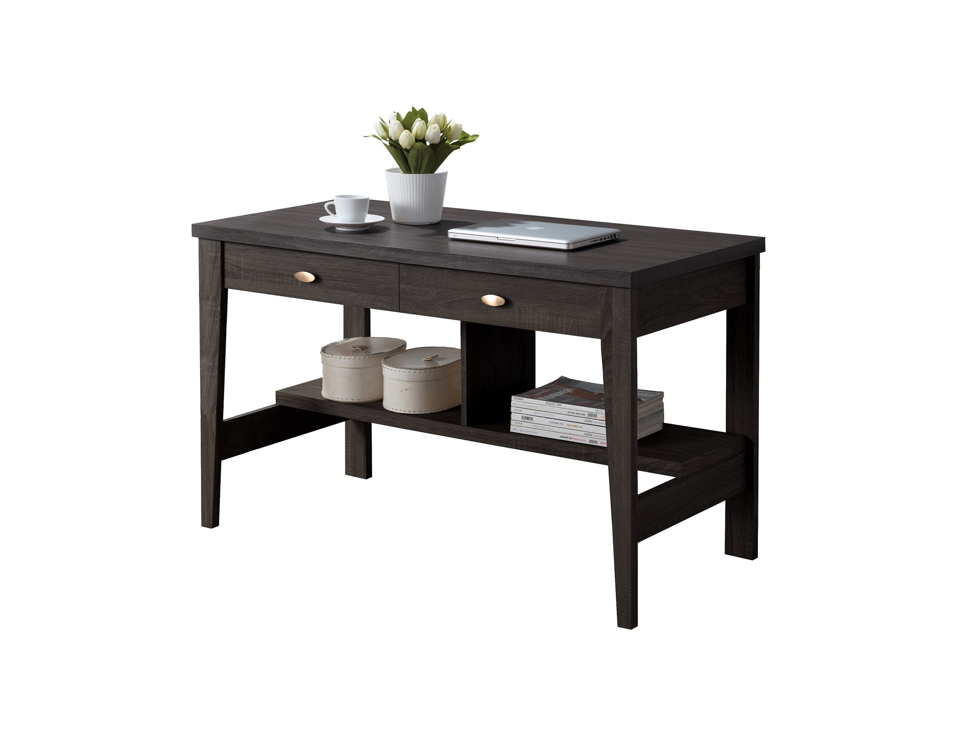 Dark wood desk with sleek metal legs, featuring a spacious rectangular tabletop and minimalist design. Ideal for modern home offices, this desk combines functionality and style with its rich wood finish and sturdy construction.