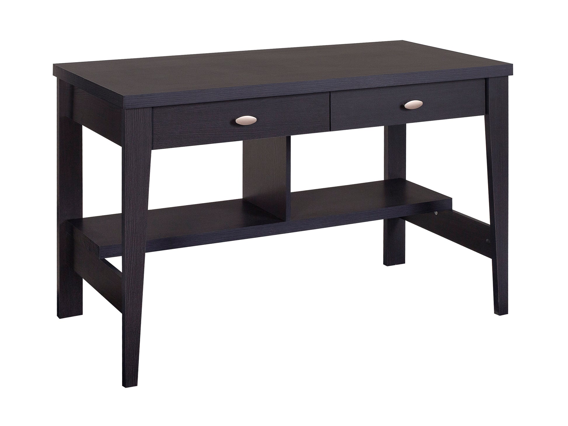 Dark wood desk with sleek design, featuring a minimalist frame, smooth finish, and two spacious drawers. Ideal for modern home offices or study spaces.