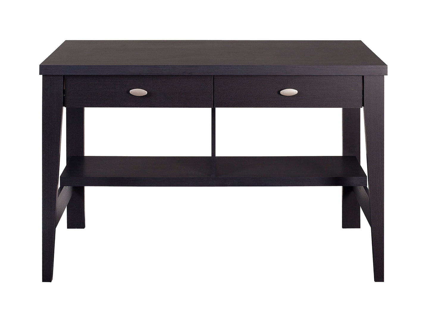 Dark wood desk with sleek design, featuring a smooth rectangular surface, sturdy metal legs, and a minimalist style. Ideal for home office or study, blending functionality and modern aesthetics.