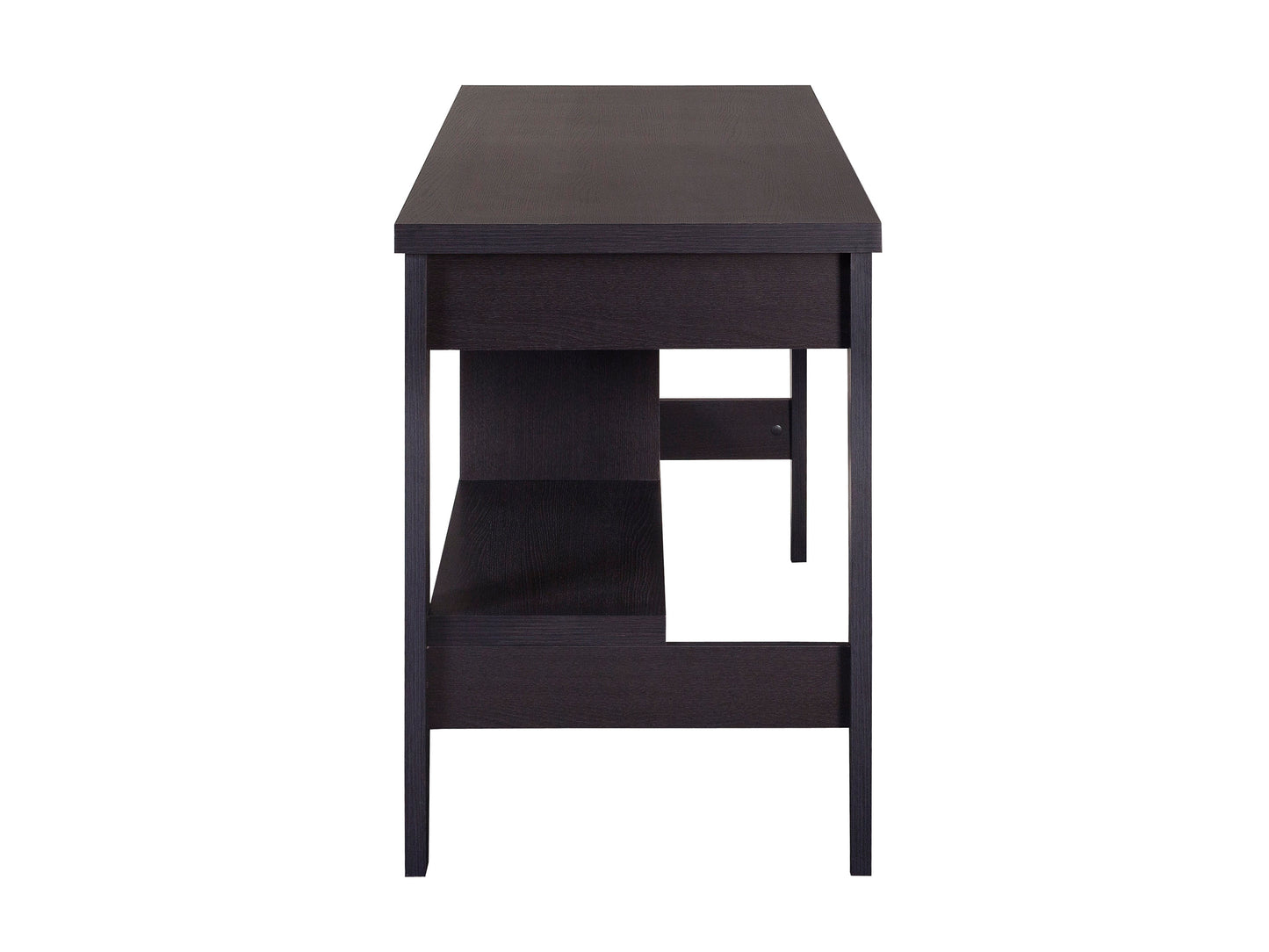Dark wood desk with sleek design, featuring a spacious rectangular top, sturdy metal legs, and a built-in storage drawer. Ideal for home office or study, blending modern aesthetics with functional workspace.