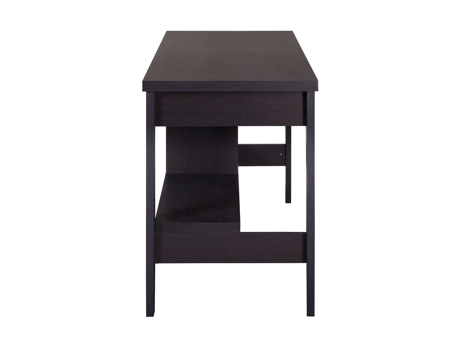 Dark wood desk with sleek design, featuring a spacious rectangular top, sturdy metal legs, and a built-in storage drawer. Ideal for home office or study, blending modern aesthetics with functional workspace.