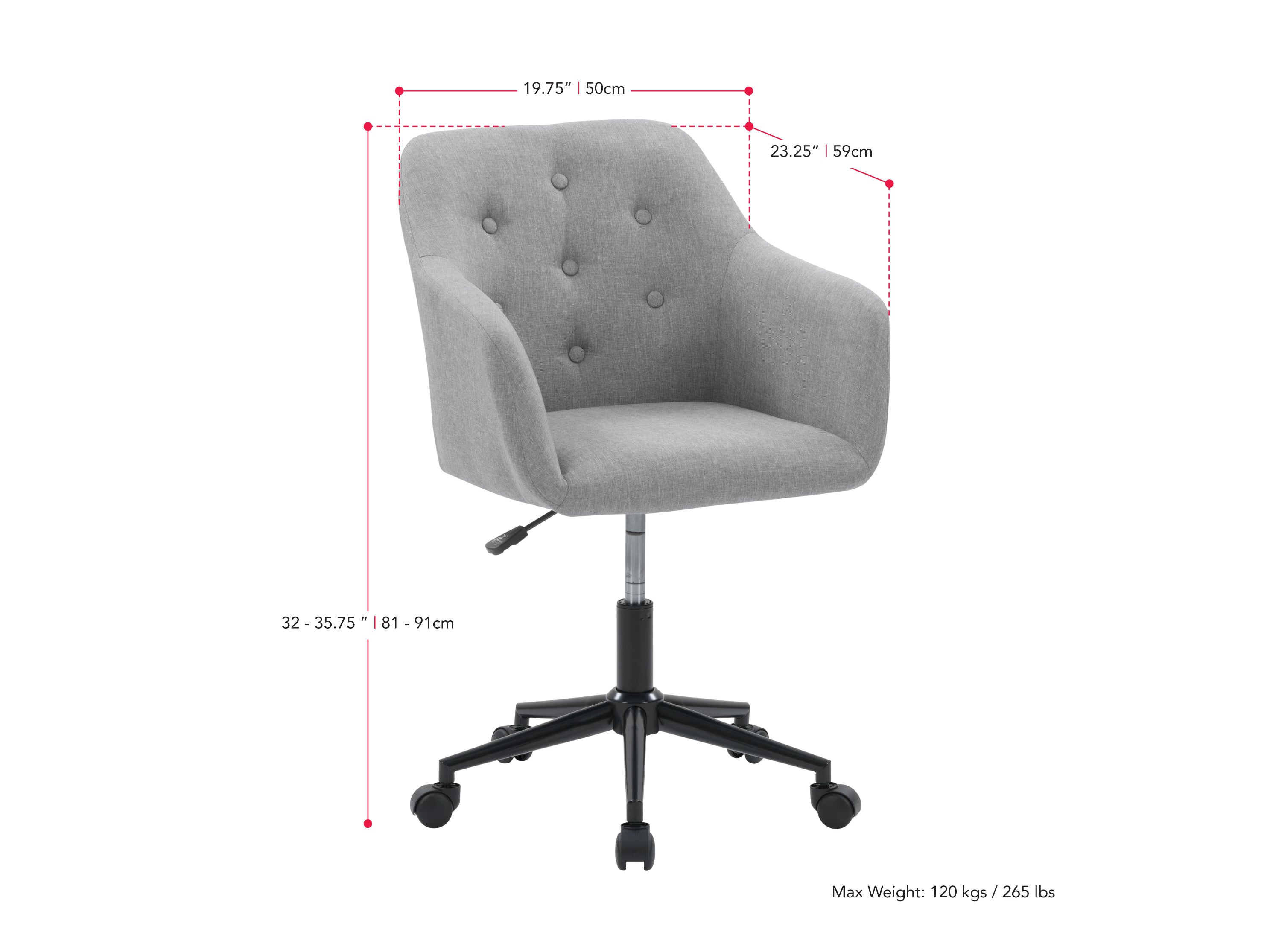 light grey Task Chair with Arms Natasha Collection measurements diagram by CorLiving#color_light-grey