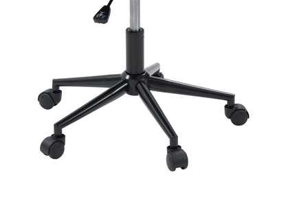 Ergonomic task chair with open back, black mesh upholstery, adjustable armrests, cushioned seat, and five-wheel base.