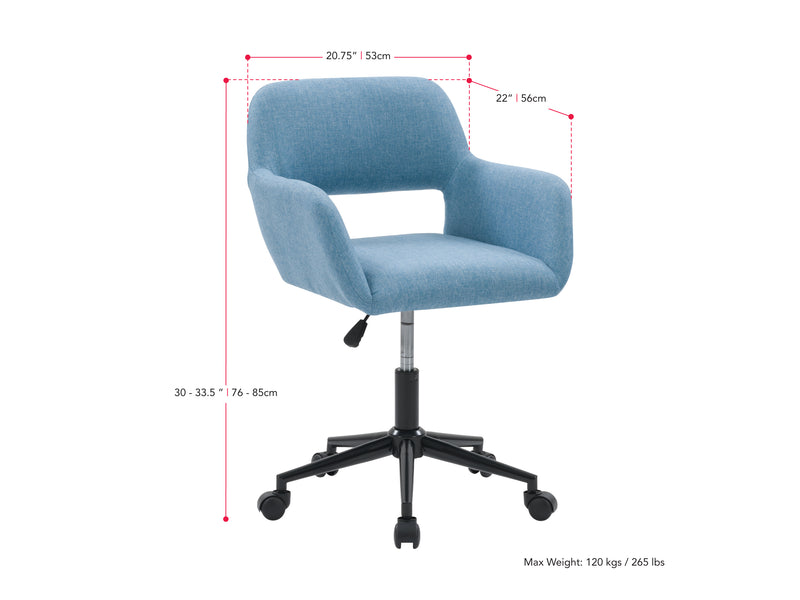 light blue Task Chair with Open Back Valerie Collection measurements diagram by CorLiving
