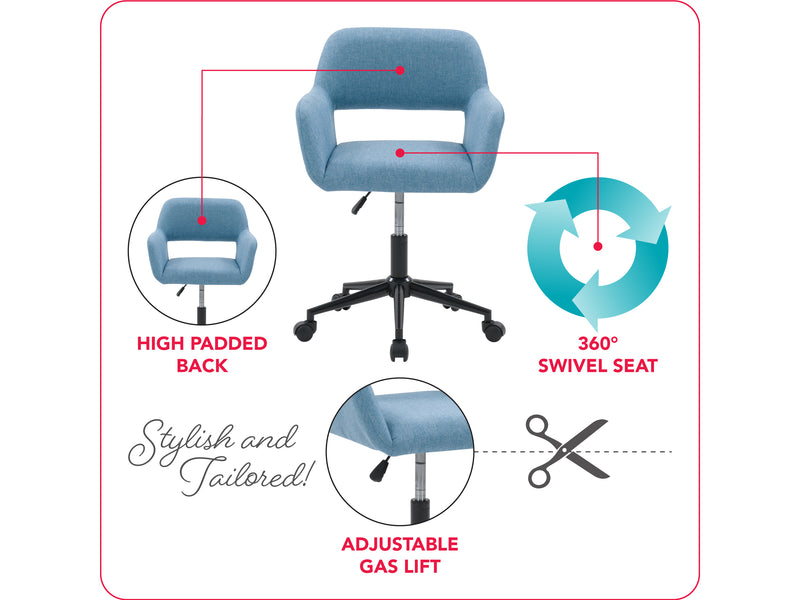 light blue Task Chair with Open Back Valerie Collection infographic by CorLiving