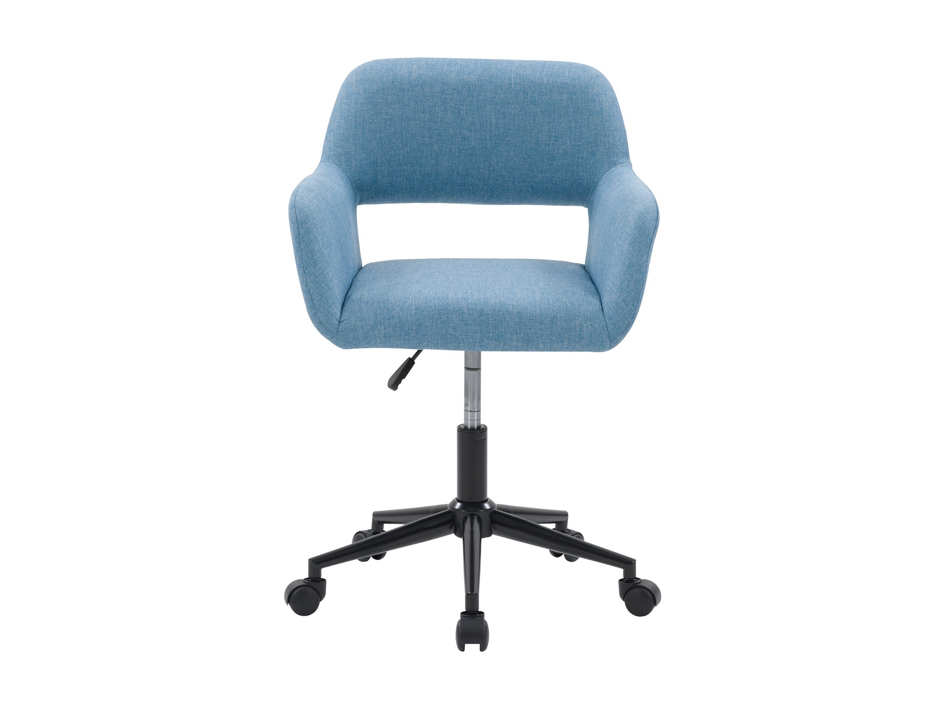 Modern office task chair with open back, featuring a sleek gray mesh backrest, cushioned black seat, adjustable armrests, and a sturdy five-star base with caster wheels for easy mobility.