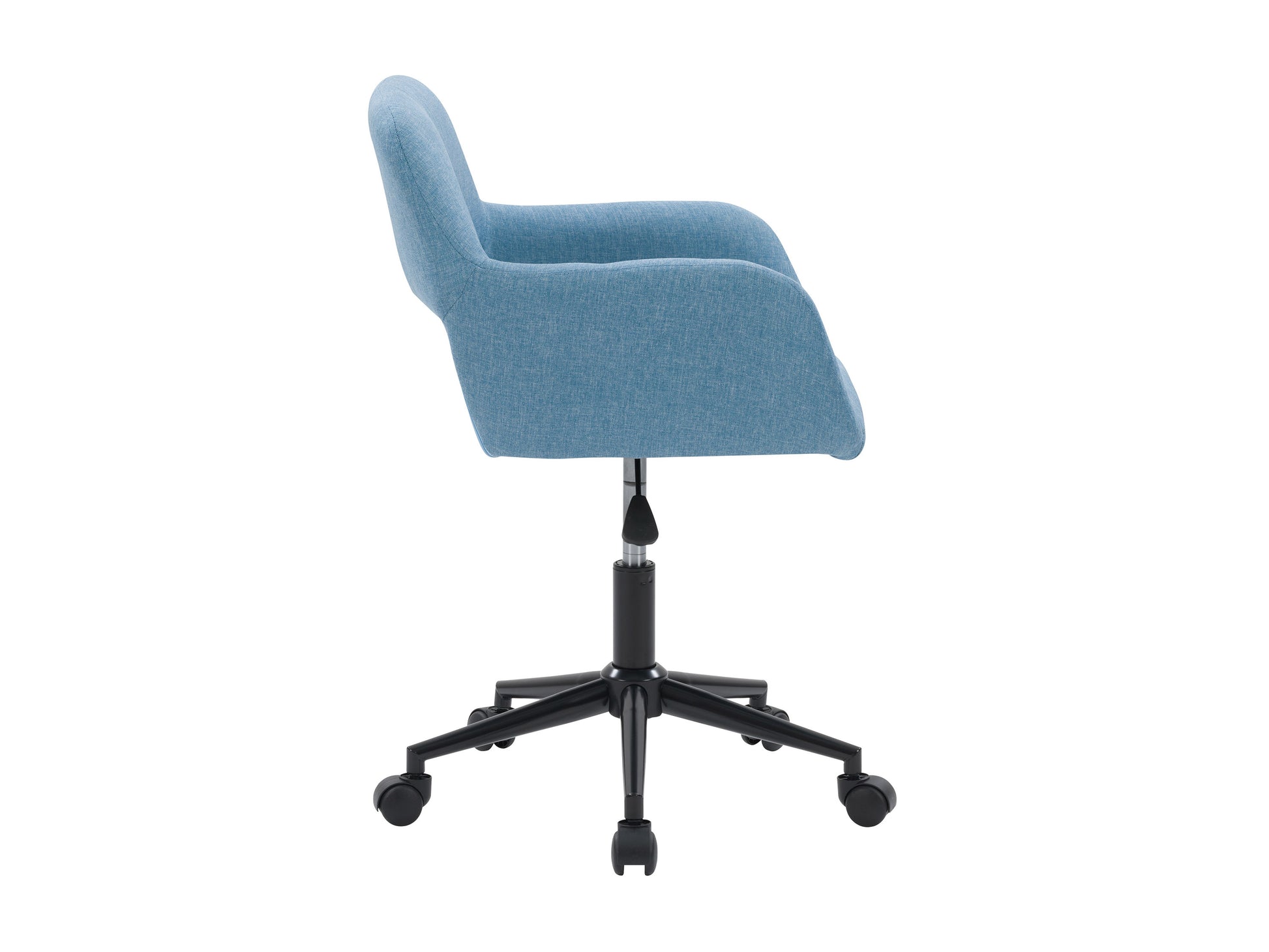 Black office task chair with open back, ergonomic design, mesh fabric, adjustable armrests, and lumbar support on a five-wheel base. Ideal for home office or workspace settings.