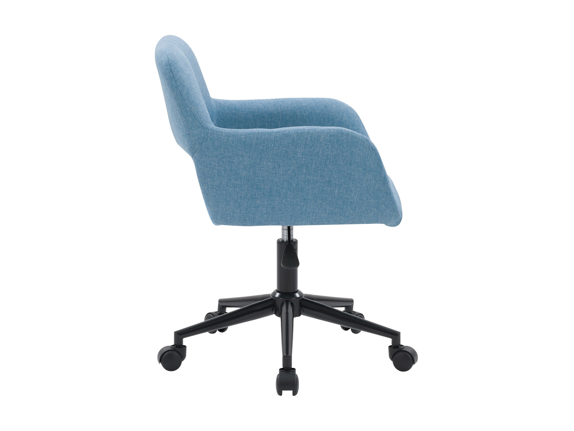Black mesh task chair with open back, adjustable armrests, and ergonomic design; features a cushioned seat, five-wheel base, and breathable material for office comfort and support.