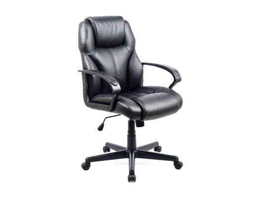 Ergonomic black office chair with mesh backrest, cushioned seat, adjustable armrests, and five-wheel base, perfect for home or office use.