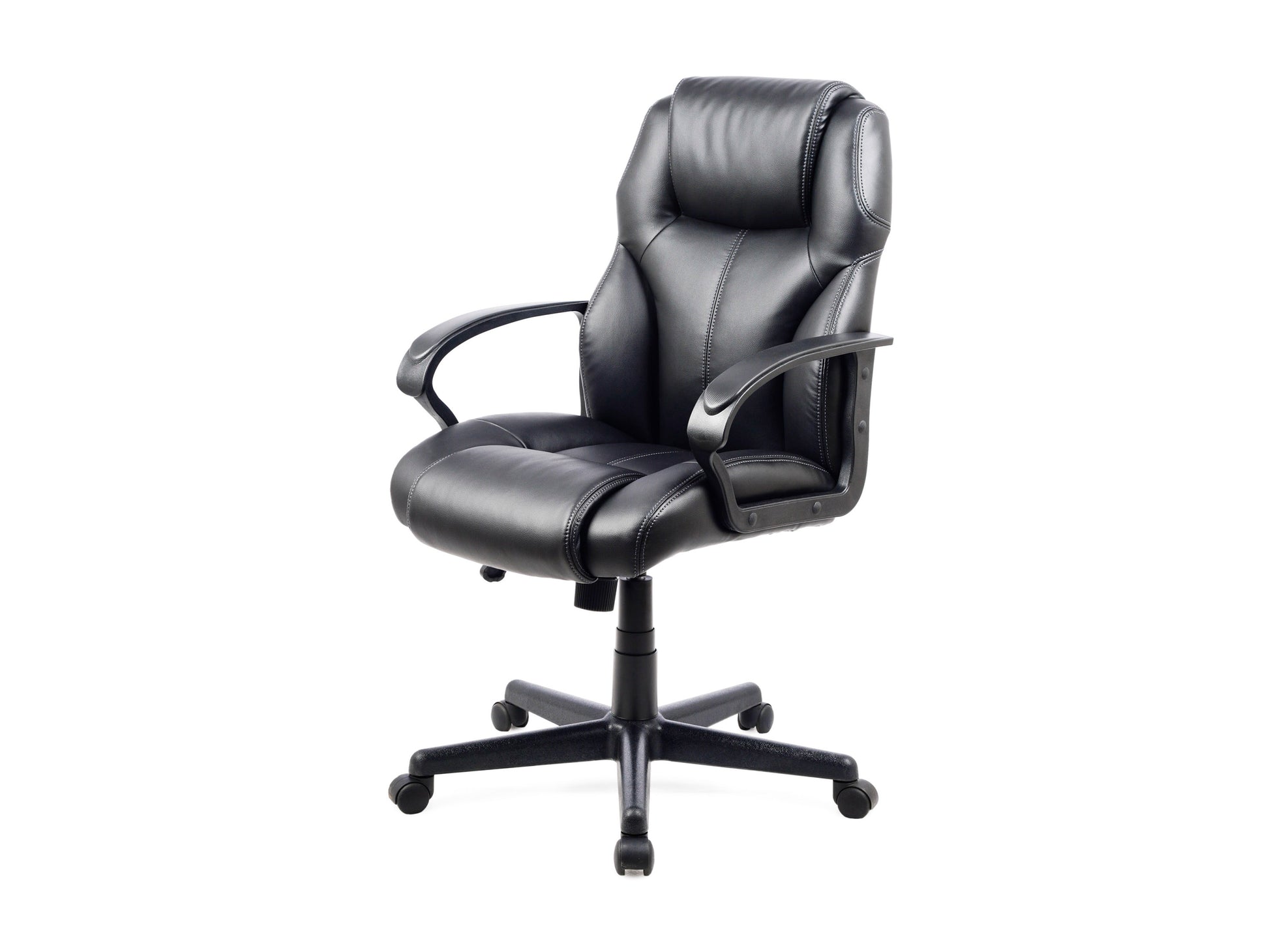 Black ergonomic office chair with mesh backrest, cushioned seat, adjustable armrests, and sturdy metal base on casters, perfect for modern office setups and home workspaces.