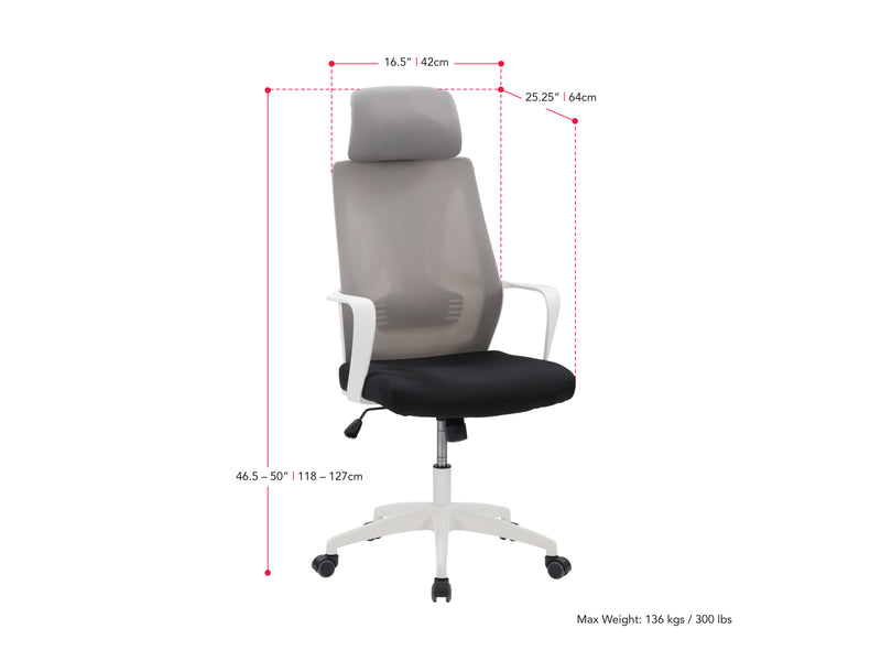 grey and black High Back Office Chair Ashton Collection measurements diagram by CorLiving