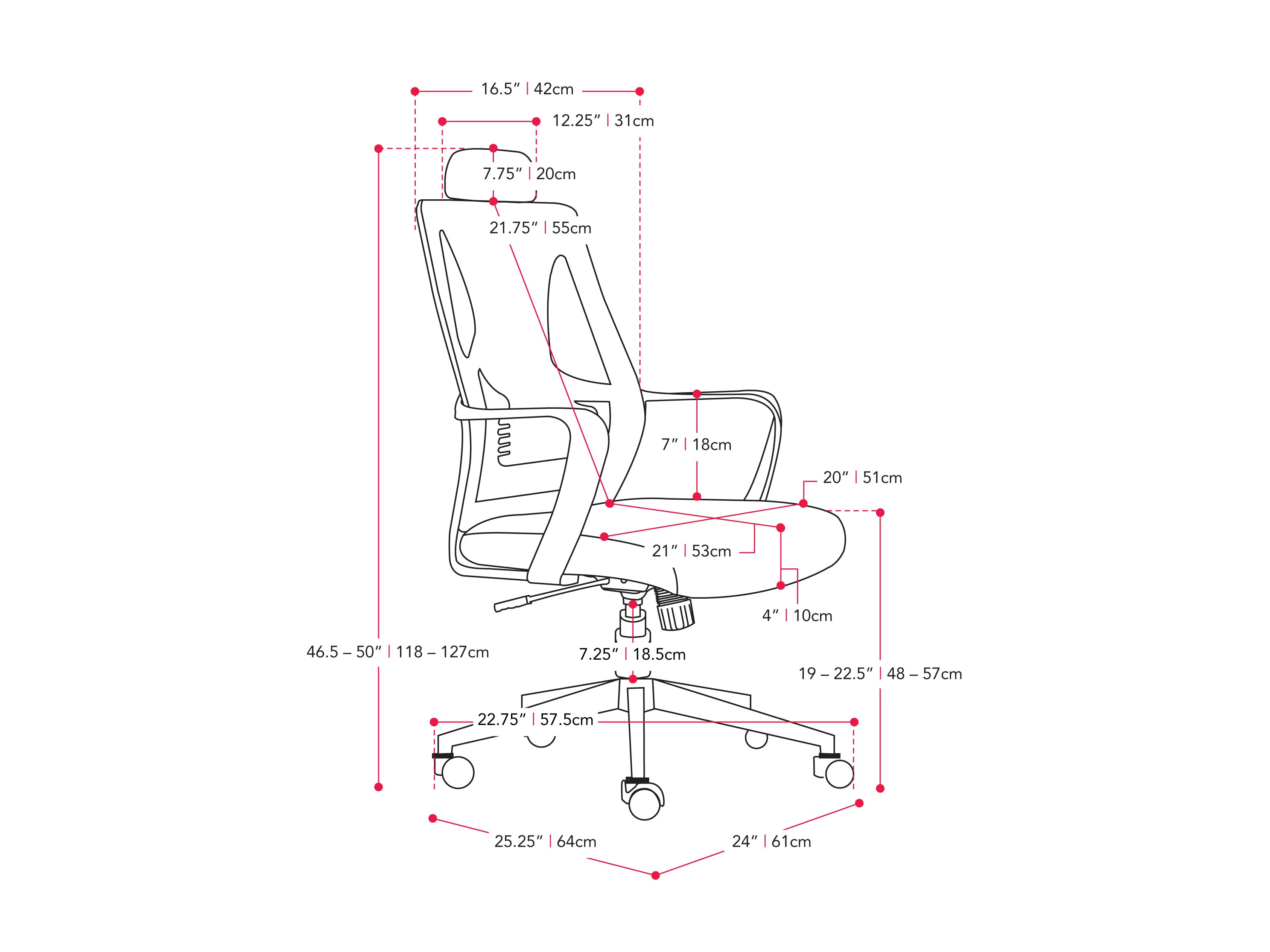 pink High Back Office Chair Ashton Collection measurements diagram by CorLiving#color_pink