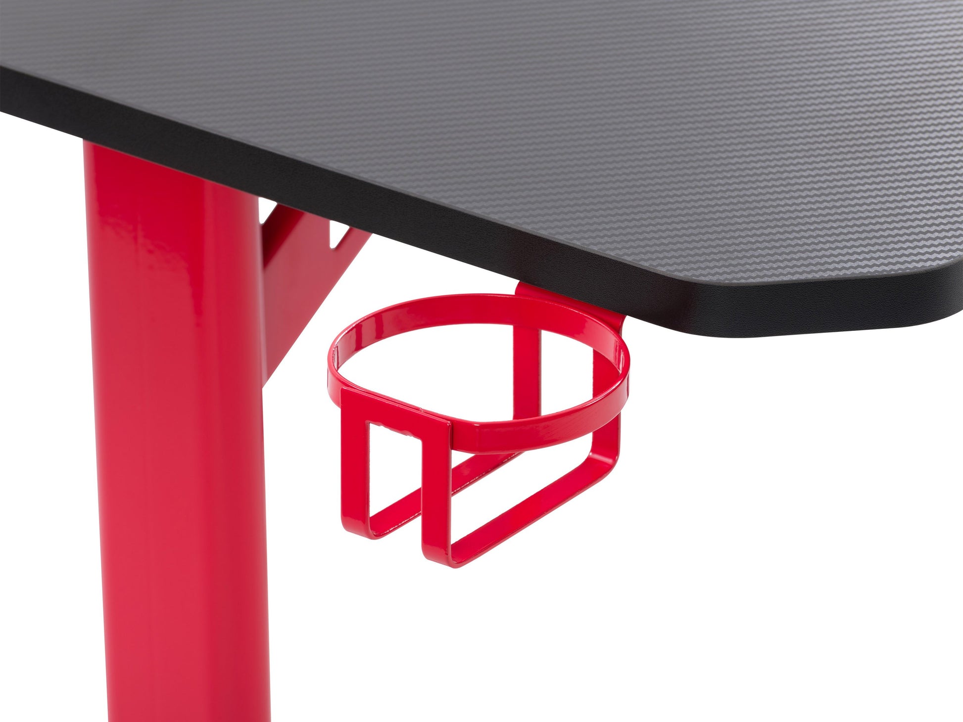 Red and black gaming desk with a sleek carbon fiber texture, built-in cup holder, headphone hook, and cable management system. Sturdy metal frame with a spacious surface for monitors and gaming accessories.