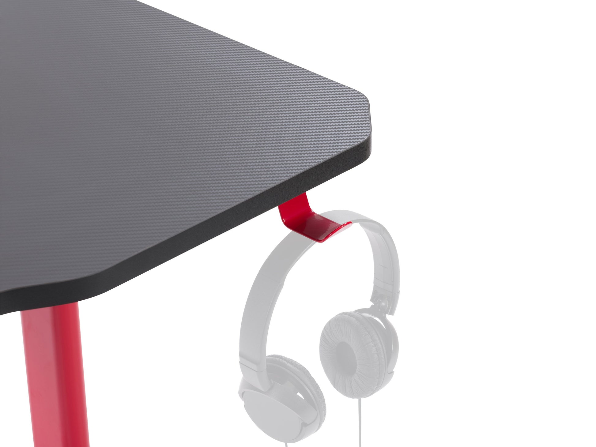 Red and black gaming desk with carbon fiber texture, sturdy Z-shaped legs, built-in cable management, and a spacious surface designed for multiple monitors and gaming accessories.