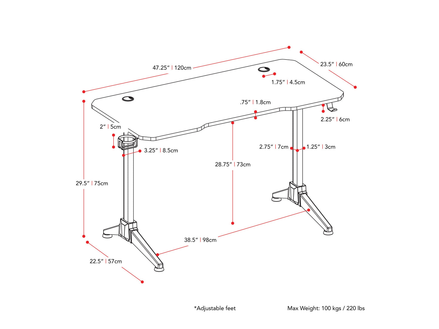 Red and black gaming desk with sleek metal frame, carbon fiber textured surface, cable management grommets, and cup holder. Ideal for gamers seeking a stylish, functional workspace.