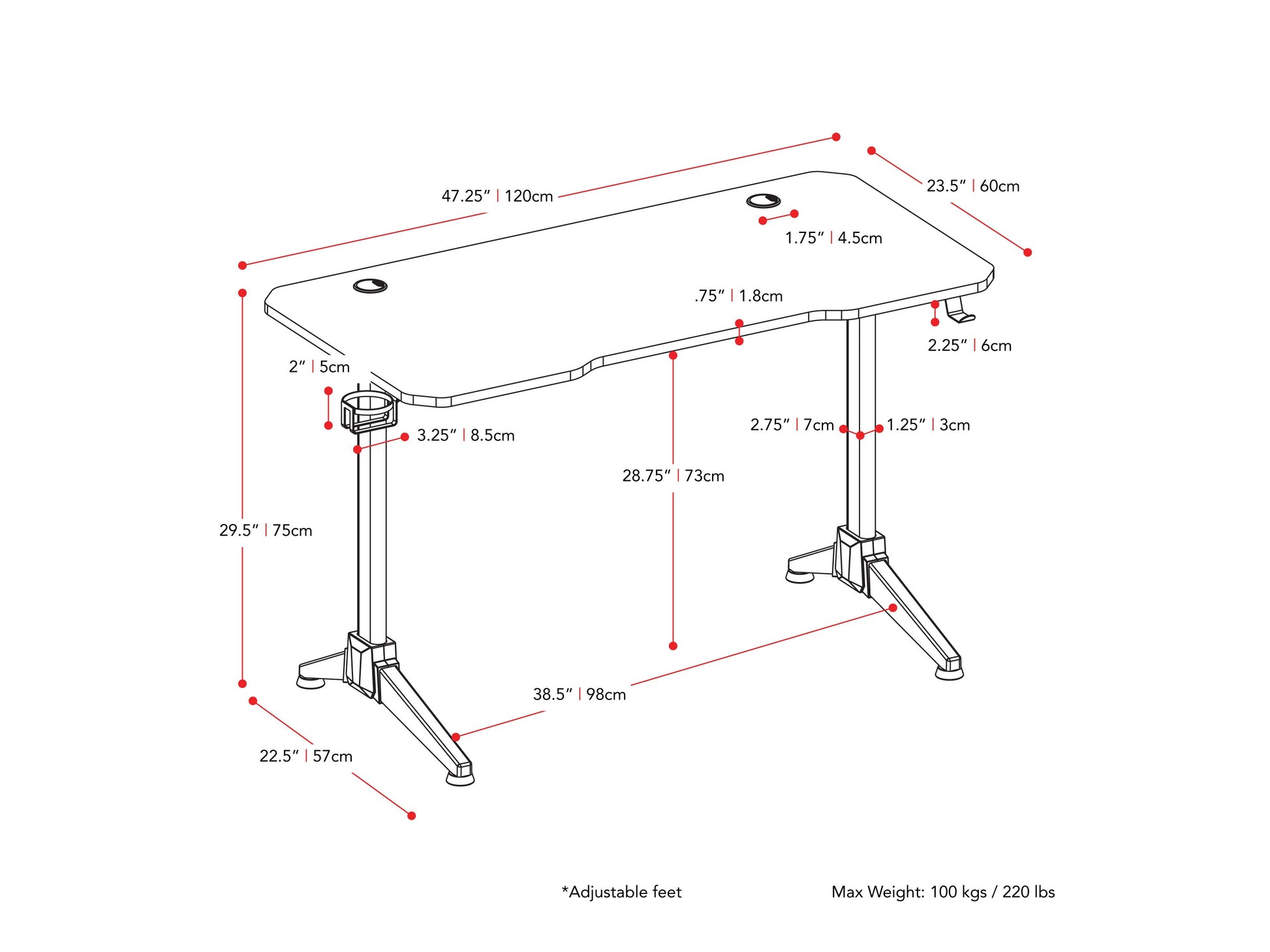 Red and black gaming desk with sleek metal frame, carbon fiber textured surface, cable management grommets, and cup holder. Ideal for gamers seeking a stylish, functional workspace.
