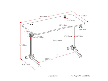 Red and black gaming desk with sleek metal frame, carbon fiber textured surface, cable management grommets, and cup holder. Ideal for gamers seeking a stylish, functional workspace.