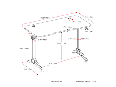 Red and Black Gaming Desk Conqueror Collection measurements diagram by CorLiving#color_red-and-black