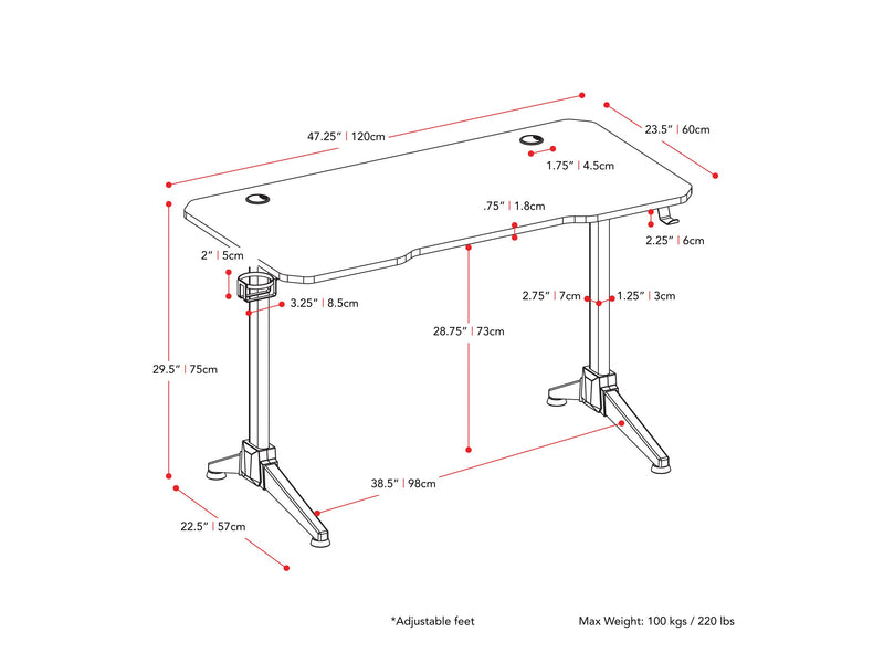 Red and Black Gaming Desk Conqueror Collection measurements diagram by CorLiving