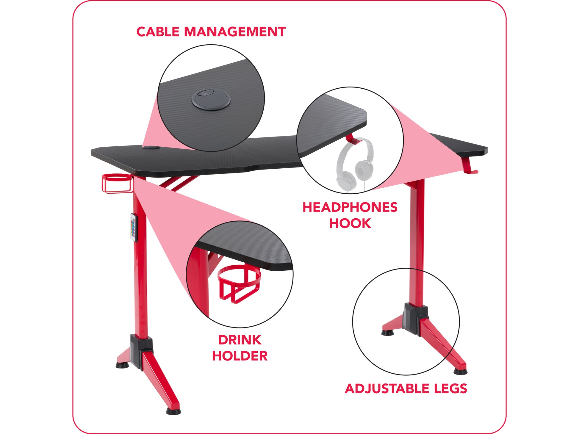 Red and black gaming desk with carbon fiber texture, ergonomic design, built-in cable management, headphone hook, and cup holder.