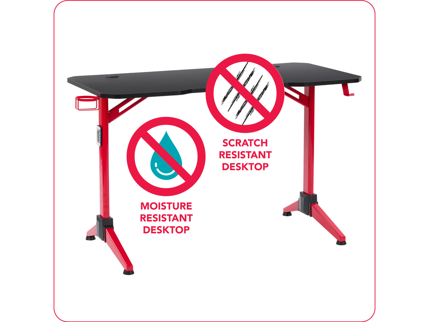 Red and black gaming desk with sleek metal frame, carbon fiber textured surface, built-in cable management, and adjustable leg pads for stability. Ideal for gamers seeking style and functionality.