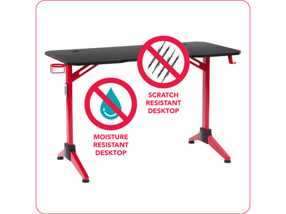 Red and black gaming desk with sleek metal frame, carbon fiber textured surface, built-in cable management, and adjustable leg pads for stability. Ideal for gamers seeking style and functionality.